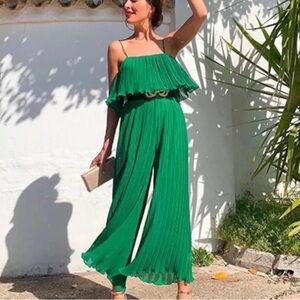 Zara Green Spaghetti Strap Pleated Jumpsuit